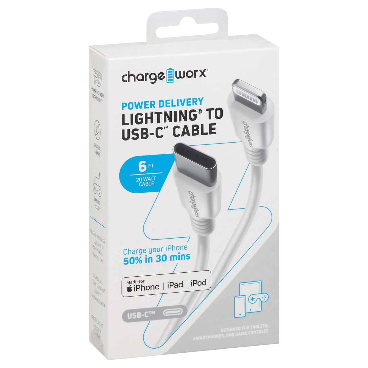 slide 8 of 9, Chargeworx White Fast Charge Lightning USB-C Cable, 6 ft