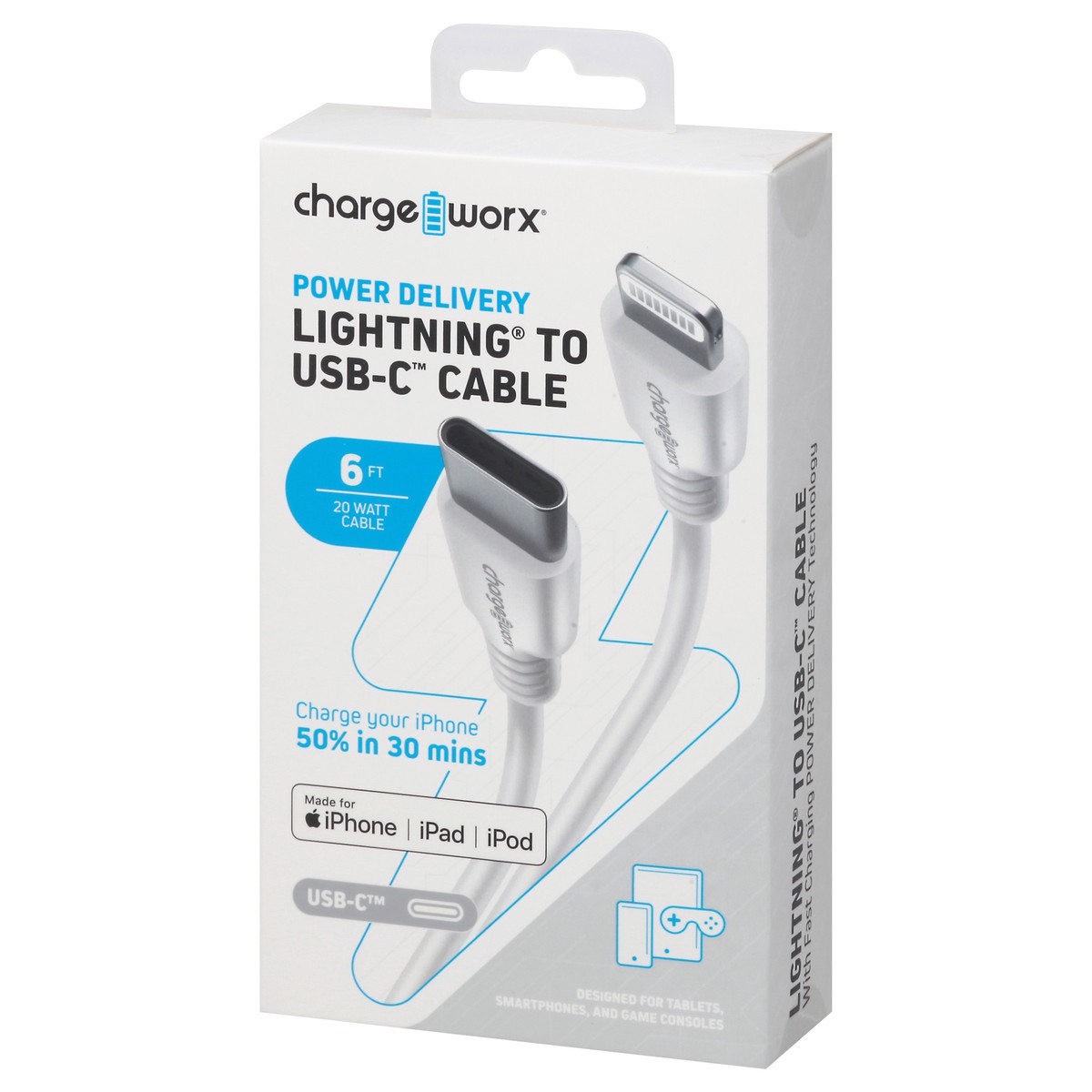 slide 9 of 9, Chargeworx White Fast Charge Lightning USB-C Cable, 6 ft