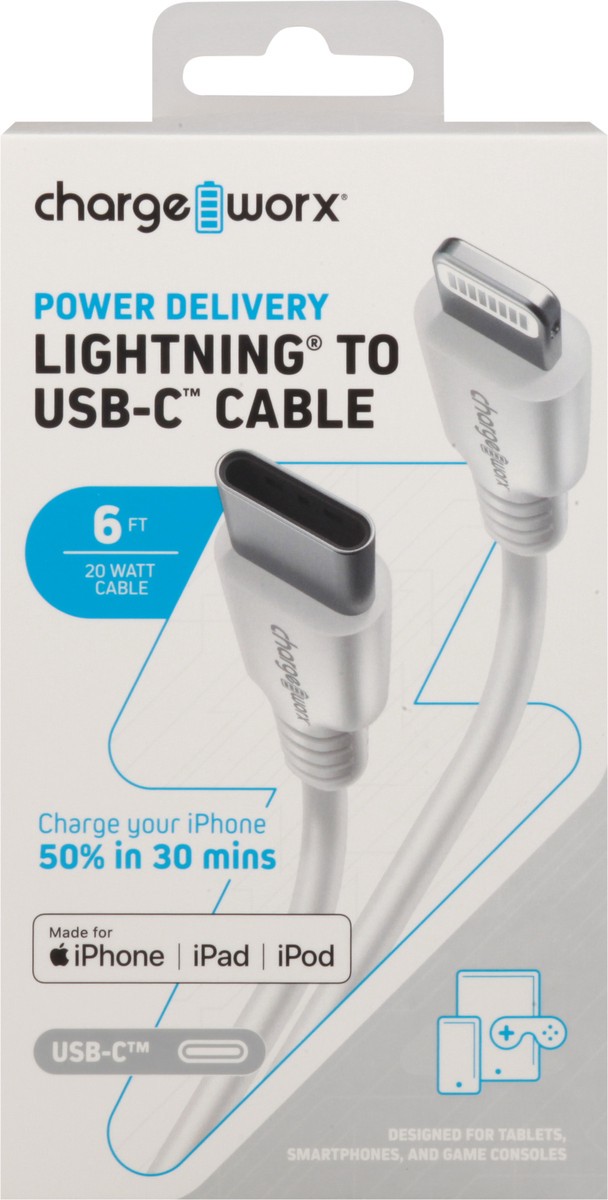 slide 7 of 9, Chargeworx White Fast Charge Lightning USB-C Cable, 6 ft