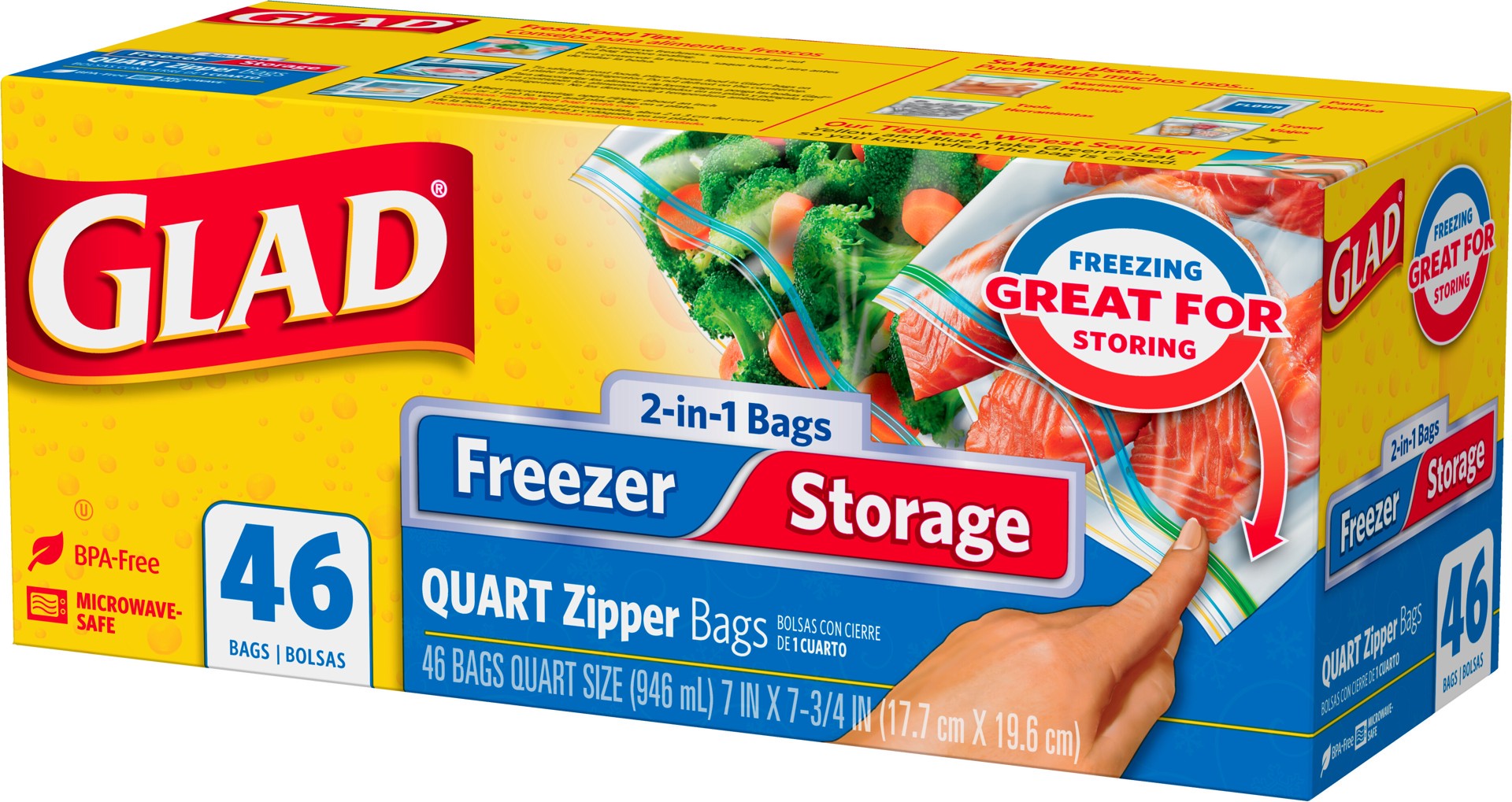 slide 3 of 5, Glad Zipper Food Storage and Freezer 2 in 1 Plastic Bags - Quart - 46 Count, 46 ct