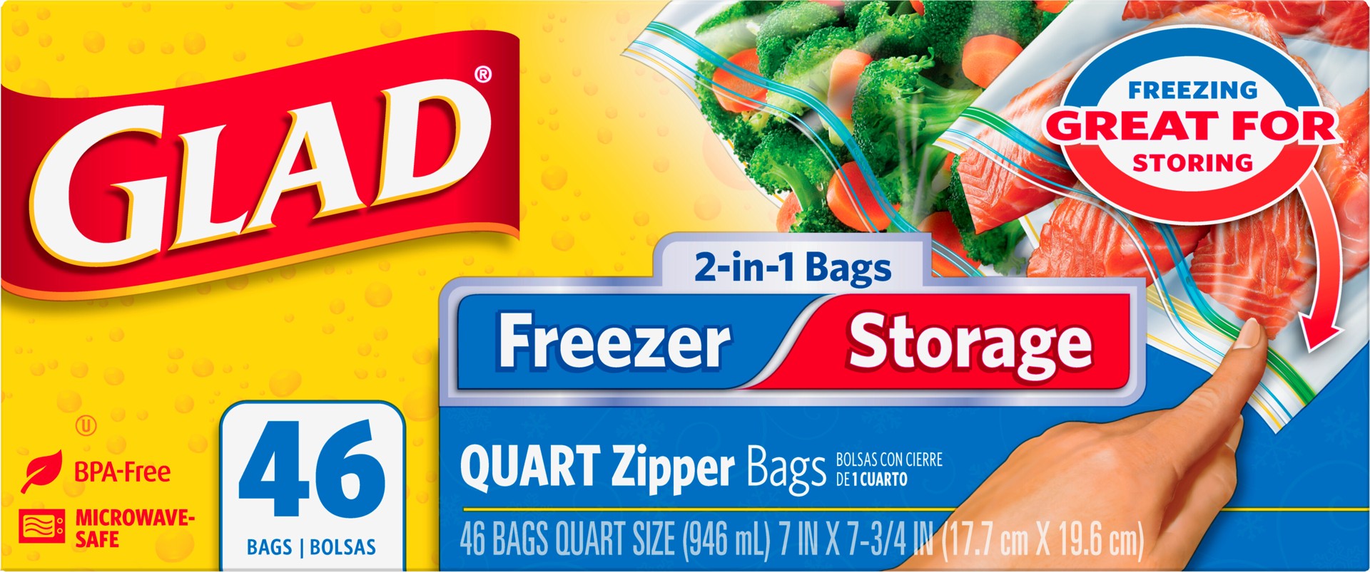 slide 5 of 5, Glad Zipper Food Storage and Freezer 2 in 1 Plastic Bags - Quart - 46 Count, 46 ct