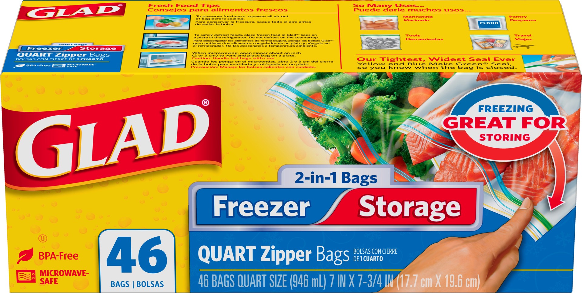 slide 1 of 5, Glad Zipper Food Storage and Freezer 2 in 1 Plastic Bags - Quart - 46 Count, 46 ct