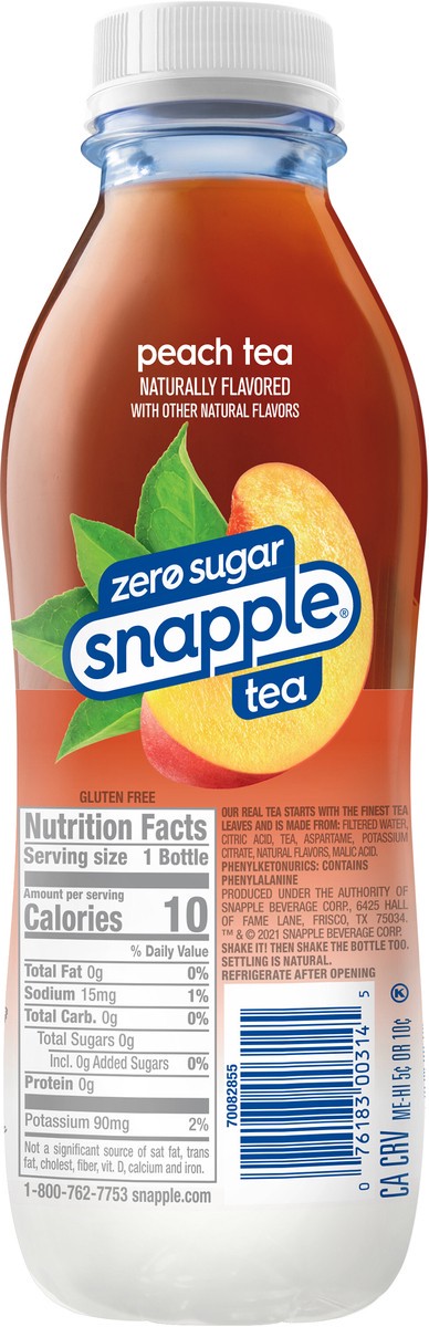 slide 9 of 12, Snapple Zero Sugar Peach Tea, 16 fl oz recycled plastic bottle, 16 fl oz