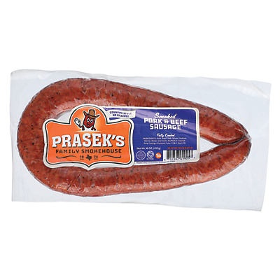 slide 1 of 1, Prasek's Smoked Pork and Beef Sausage, 1 lb