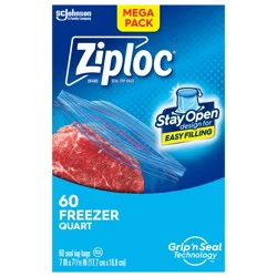 Ziploc Brand Freezer Bags with Stay Open Design, Quart, 60, Patented Stand-up Bottom, Easy to Fill Freezer Bag, Unloc a Free Set of Hands in the Kitchen, Microwave Safe, BPA Free
