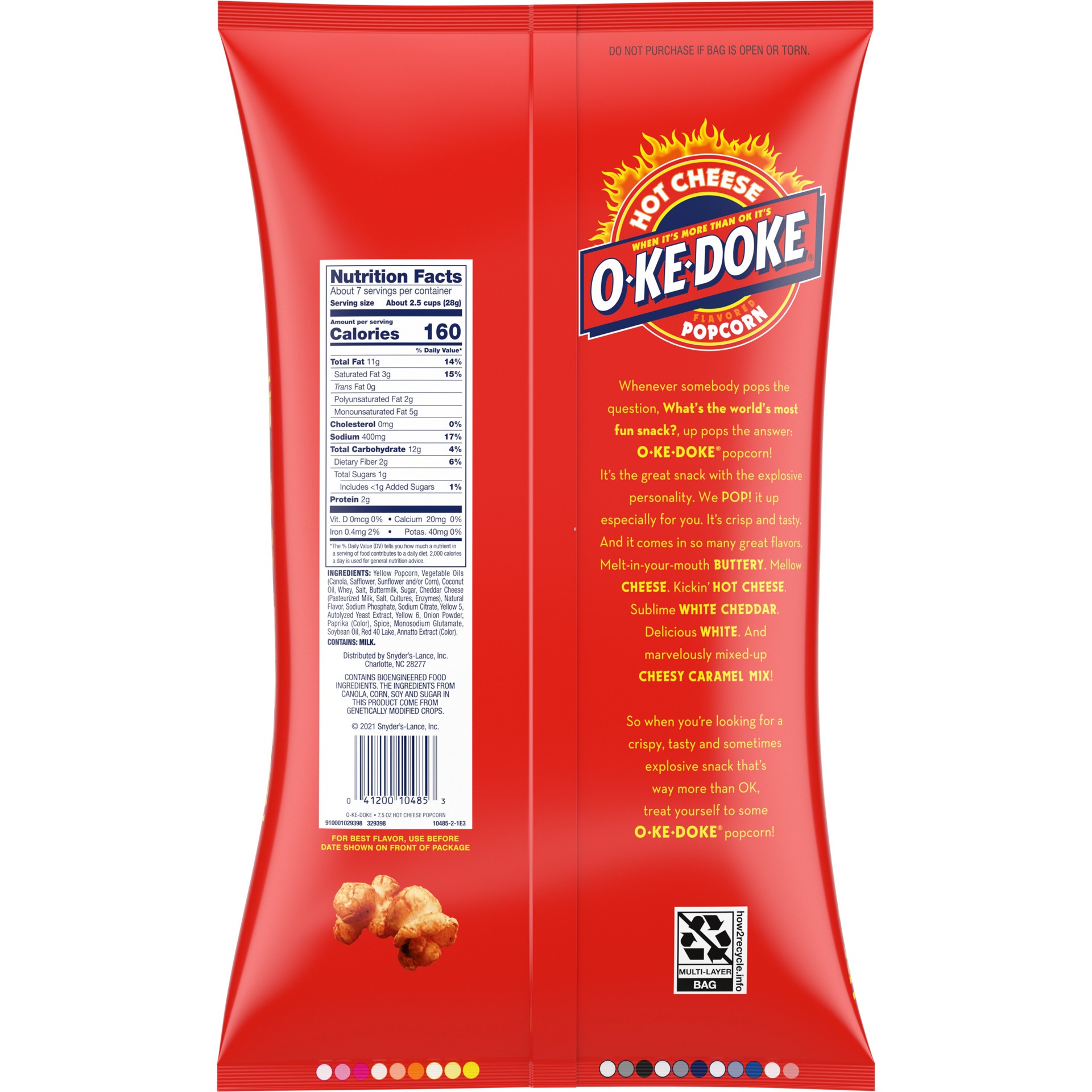 slide 3 of 5, O-Ke-Doke Popcorn, Hot Stuff Cheese Popcorn, 7.5 Oz Bag, 7.5 oz