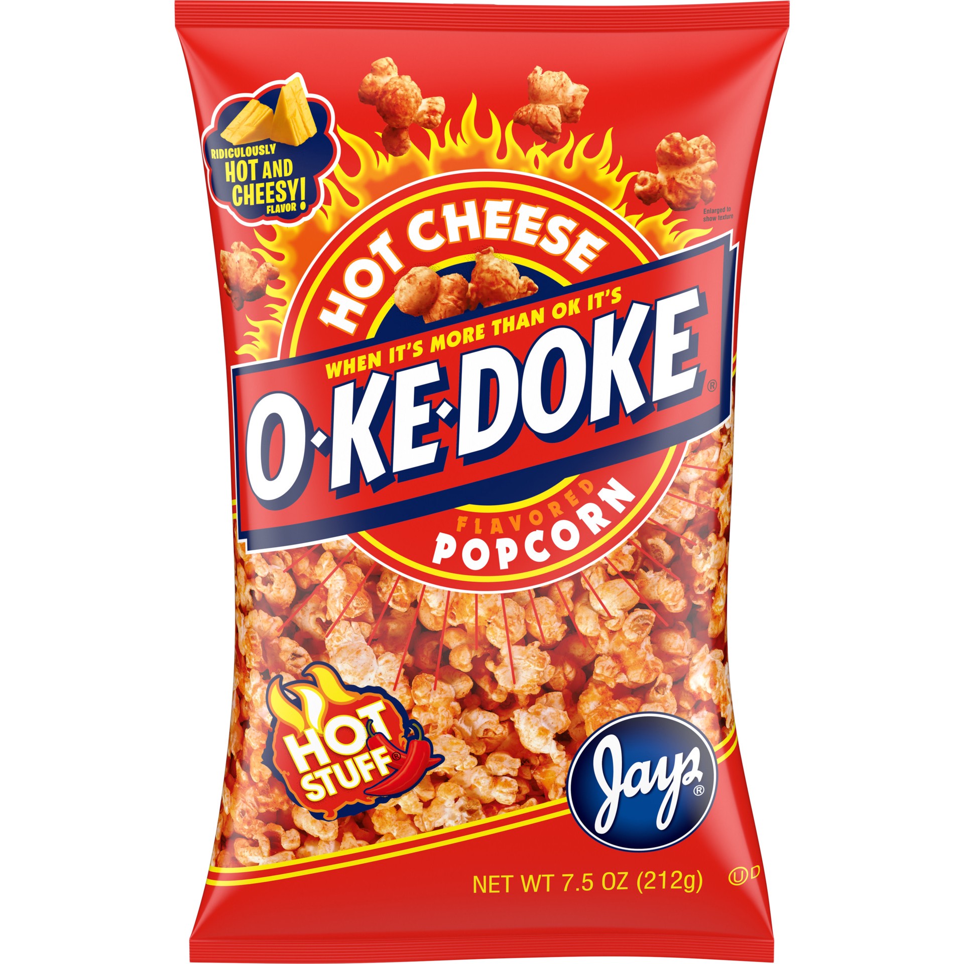 slide 1 of 5, O-Ke-Doke Popcorn, Hot Stuff Cheese Popcorn, 7.5 Oz Bag, 7.5 oz