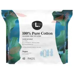 L. Ultra Thin Pads for Women, Super Absorbency, 100% Pure Cotton Top Layer, Unscented Pads with Wings, 42 CT