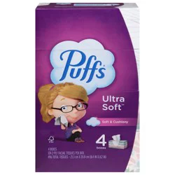 Puffs Ultra Soft 2-Ply Soft & Cushiony Facial Tissues 4 - 124 Tissue Boxes