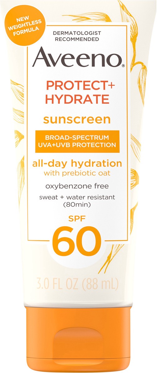 slide 4 of 7, Aveeno Protect + Hydrate Body Sunscreen Lotion with SPF 60, 3 fl. oz, 3 oz