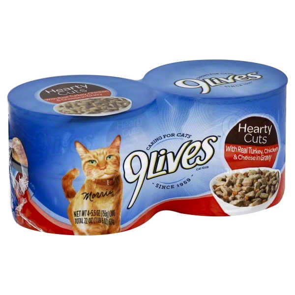 slide 1 of 6, 9Lives Cat Food, with Real Turkey, Chicken & Cheese in Gravy, Hearty Cuts, 4 ct