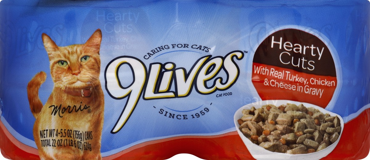 slide 5 of 6, 9Lives Cat Food, with Real Turkey, Chicken & Cheese in Gravy, Hearty Cuts, 4 ct