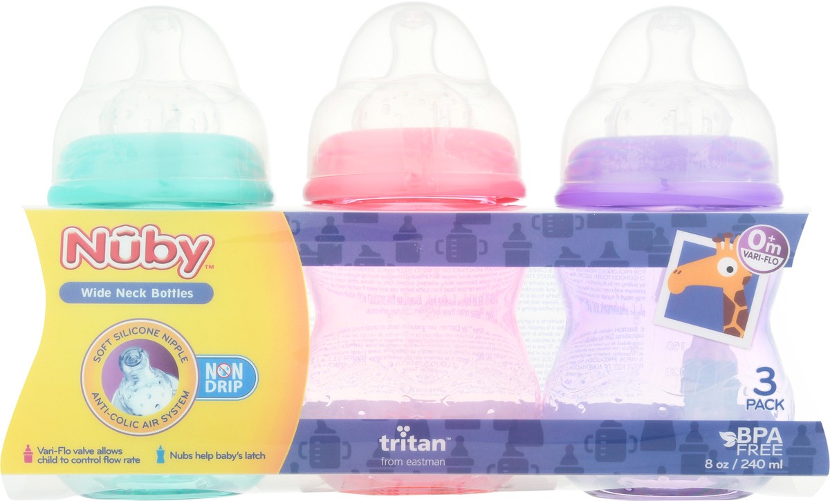 slide 4 of 11, Nuby 8 Ounce Non-Drip Wide Neck Bottles 3 ea, 3 ct