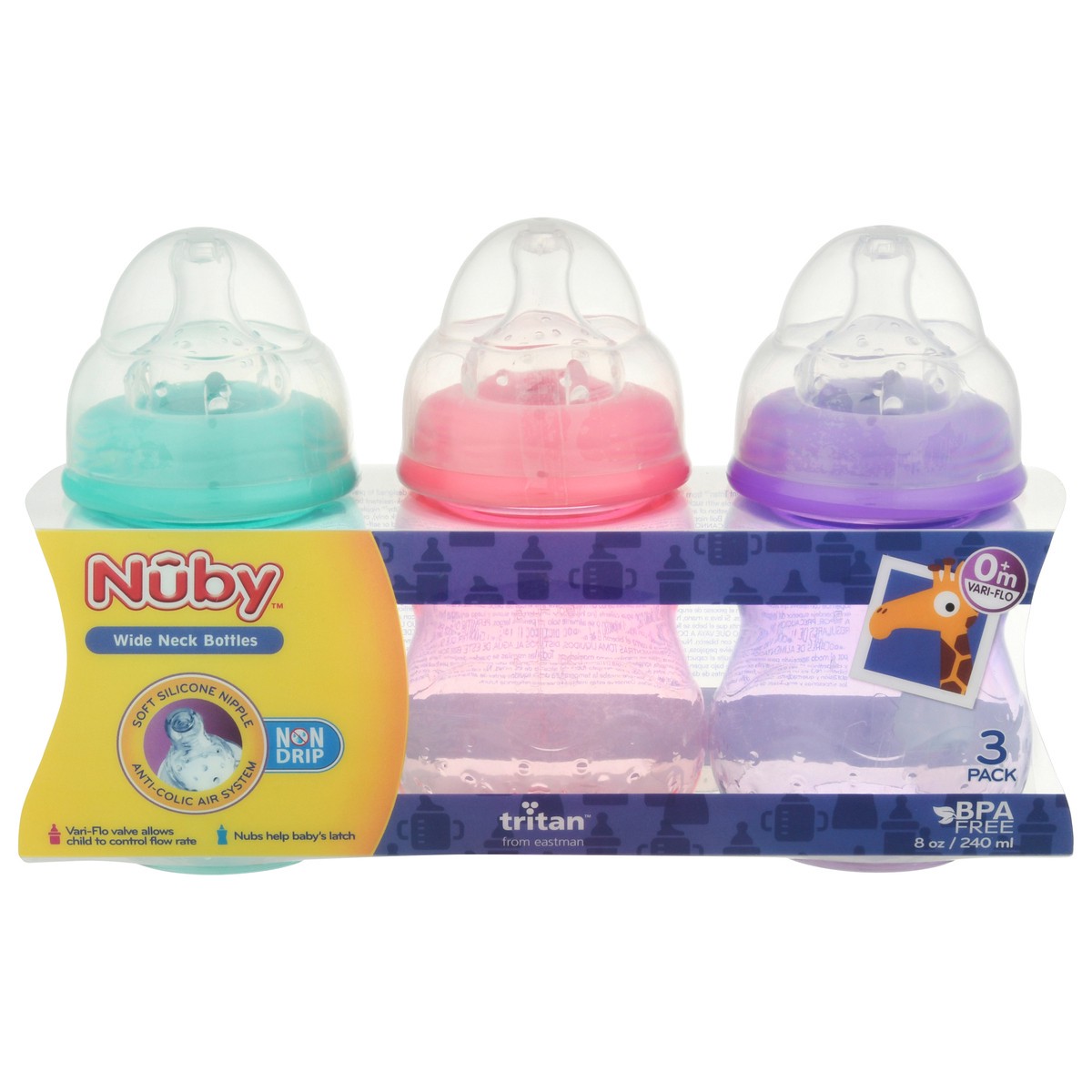 slide 10 of 11, Nuby 8 Ounce Non-Drip Wide Neck Bottles 3 ea, 3 ct