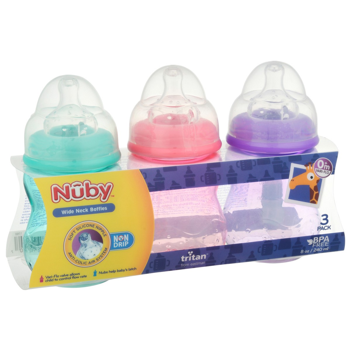 slide 9 of 11, Nuby 8 Ounce Non-Drip Wide Neck Bottles 3 ea, 3 ct