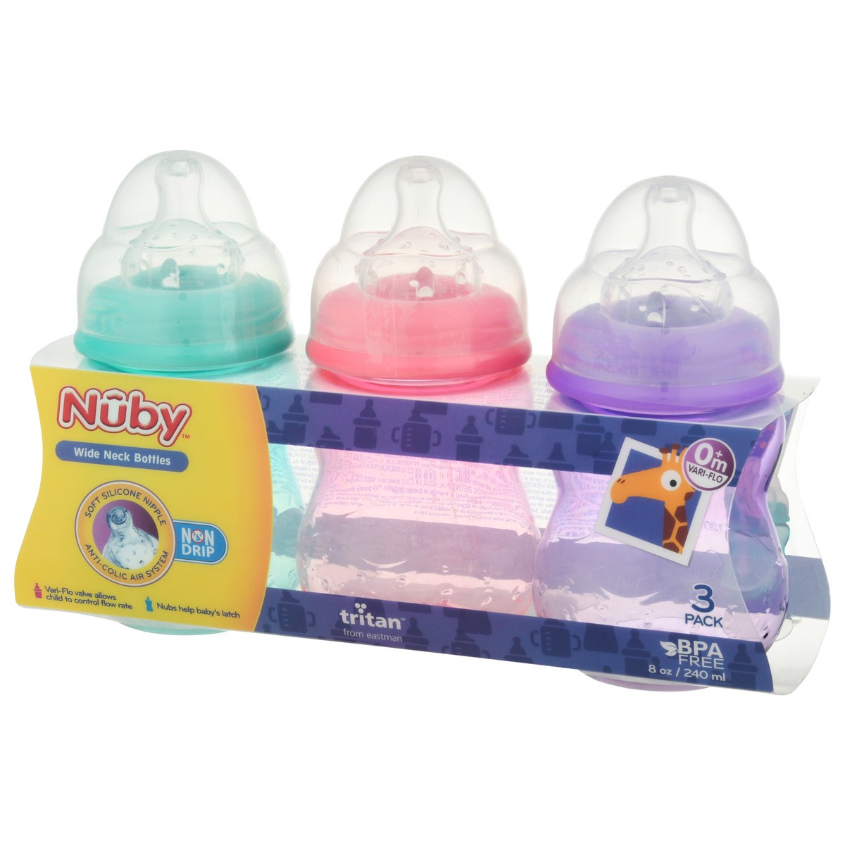 slide 5 of 11, Nuby 8 Ounce Non-Drip Wide Neck Bottles 3 ea, 3 ct