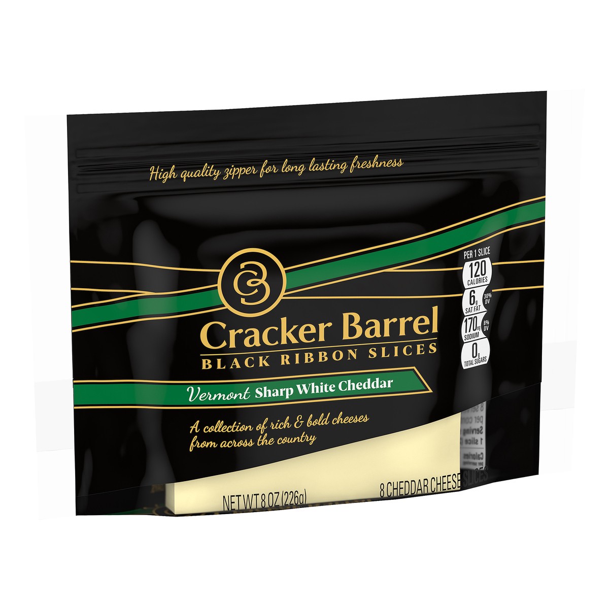 slide 5 of 10, Cracker Barrel Black Ribbon Slices Vermont Sharp White Cheddar Slices 8 ct Pouch, 8 oz