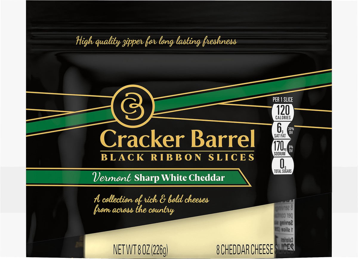 slide 8 of 10, Cracker Barrel Black Ribbon Slices Vermont Sharp White Cheddar Slices 8 ct Pouch, 8 oz