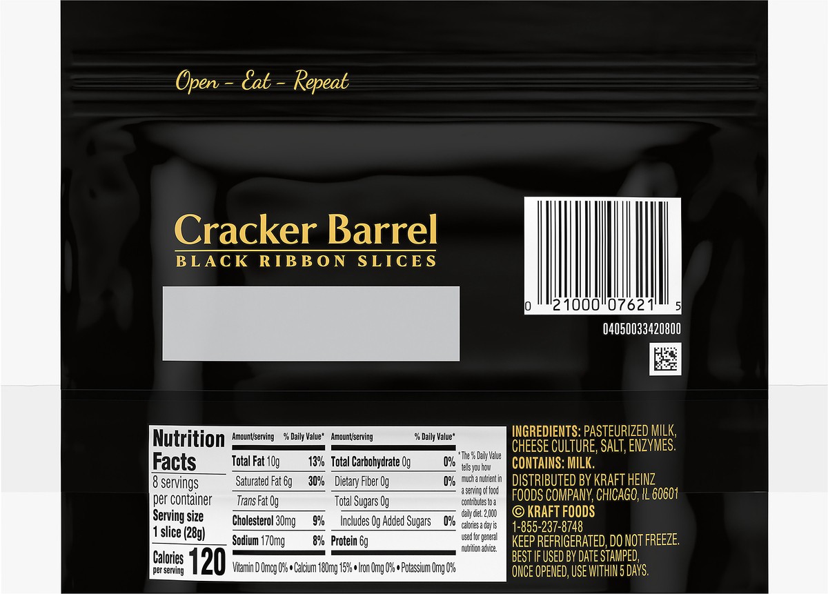 slide 6 of 10, Cracker Barrel Black Ribbon Slices Vermont Sharp White Cheddar Slices 8 ct Pouch, 8 oz