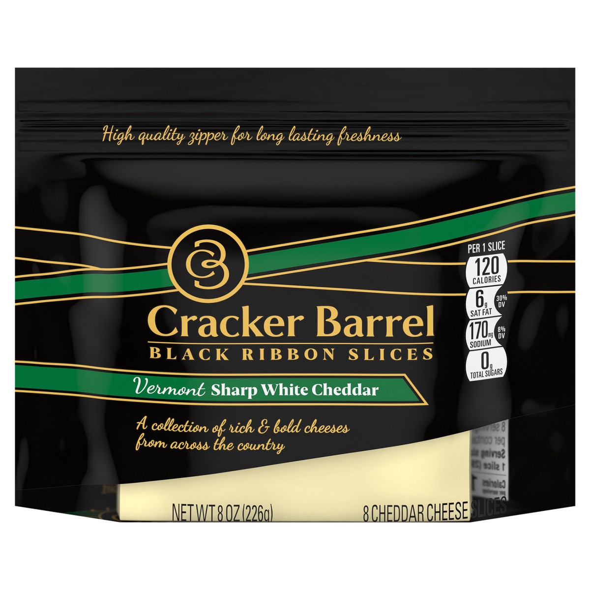 slide 1 of 10, Cracker Barrel Black Ribbon Slices Vermont Sharp White Cheddar Slices 8 ct Pouch, 8 oz