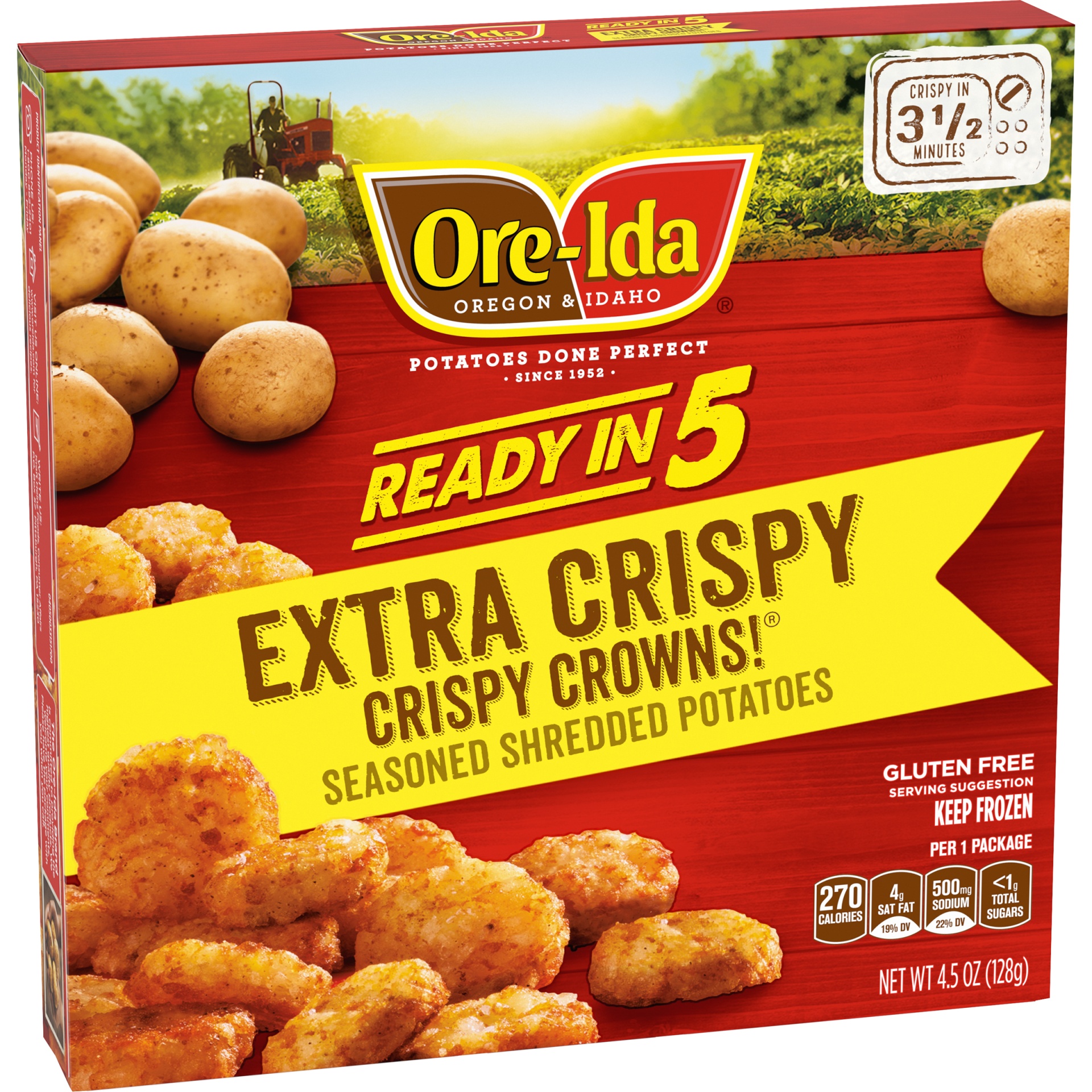 slide 2 of 6, Ore-Ida Ready in 5 Extra Crispy Crowns Seasoned Shredded Microwavable Frozen Potatoes, 4.5 oz