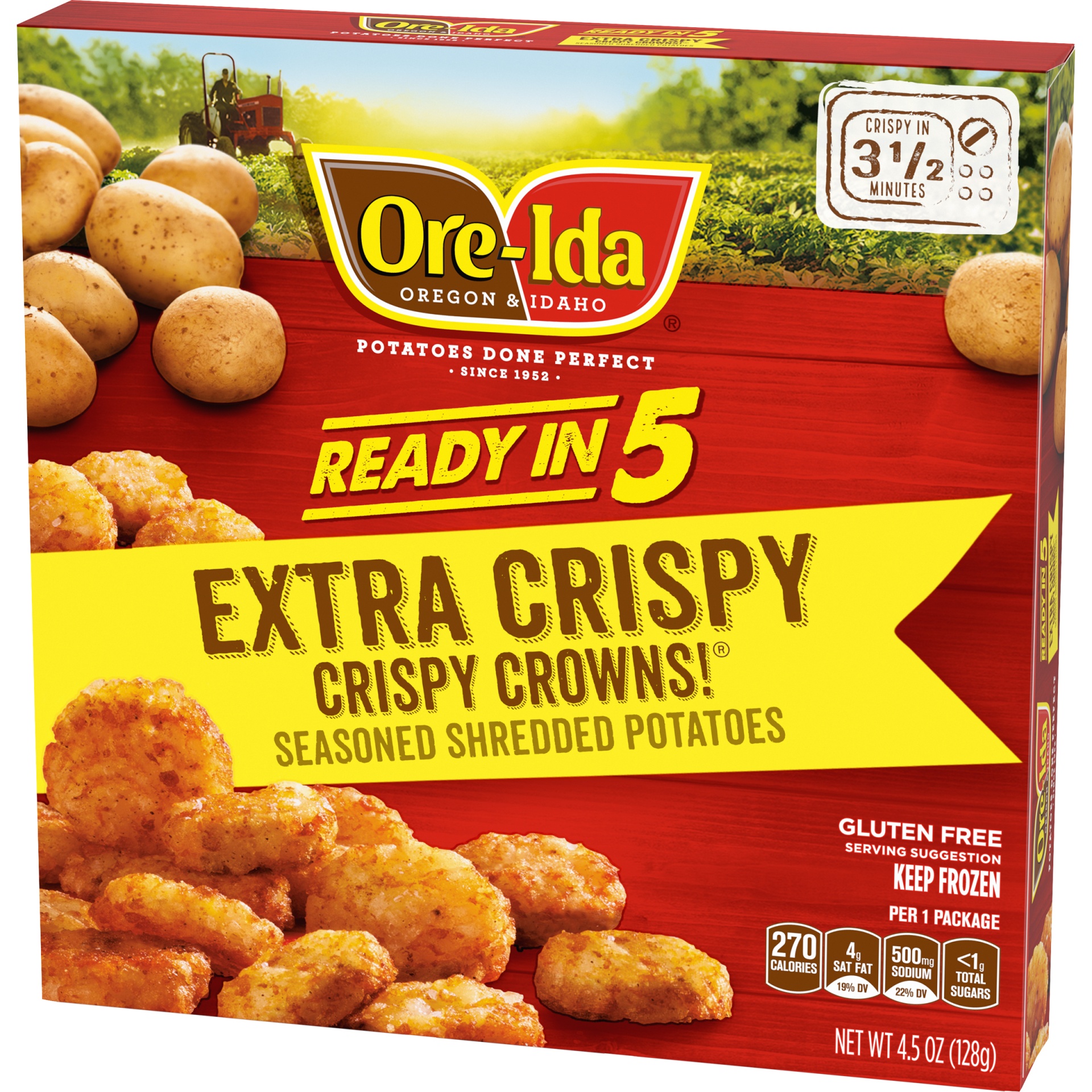 slide 3 of 6, Ore-Ida Ready in 5 Extra Crispy Crowns Seasoned Shredded Microwavable Frozen Potatoes, 4.5 oz