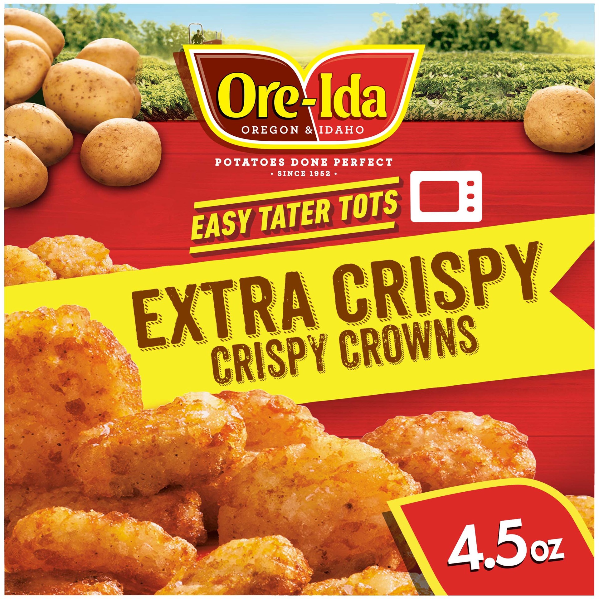 slide 1 of 12, Ore-Ida Ready in 5 Extra Crispy Crowns Seasoned Shredded Microwavable Frozen Potatoes, 4.5 oz Box, 4.5 oz