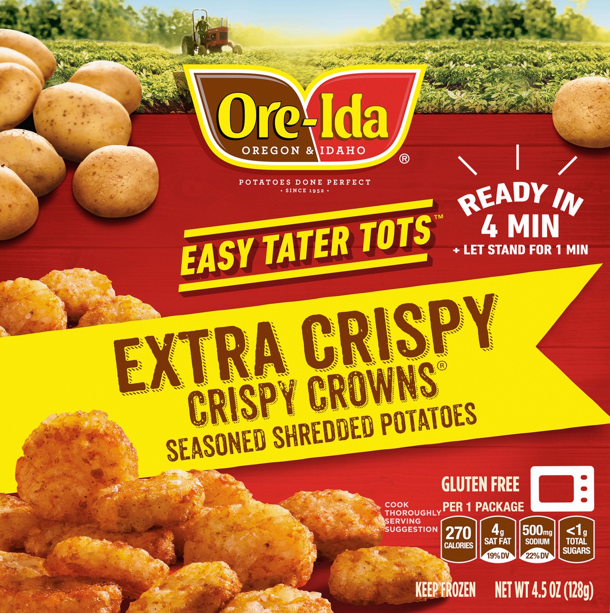 slide 10 of 12, Ore-Ida Ready in 5 Extra Crispy Crowns Seasoned Shredded Microwavable Frozen Potatoes, 4.5 oz Box, 4.5 oz
