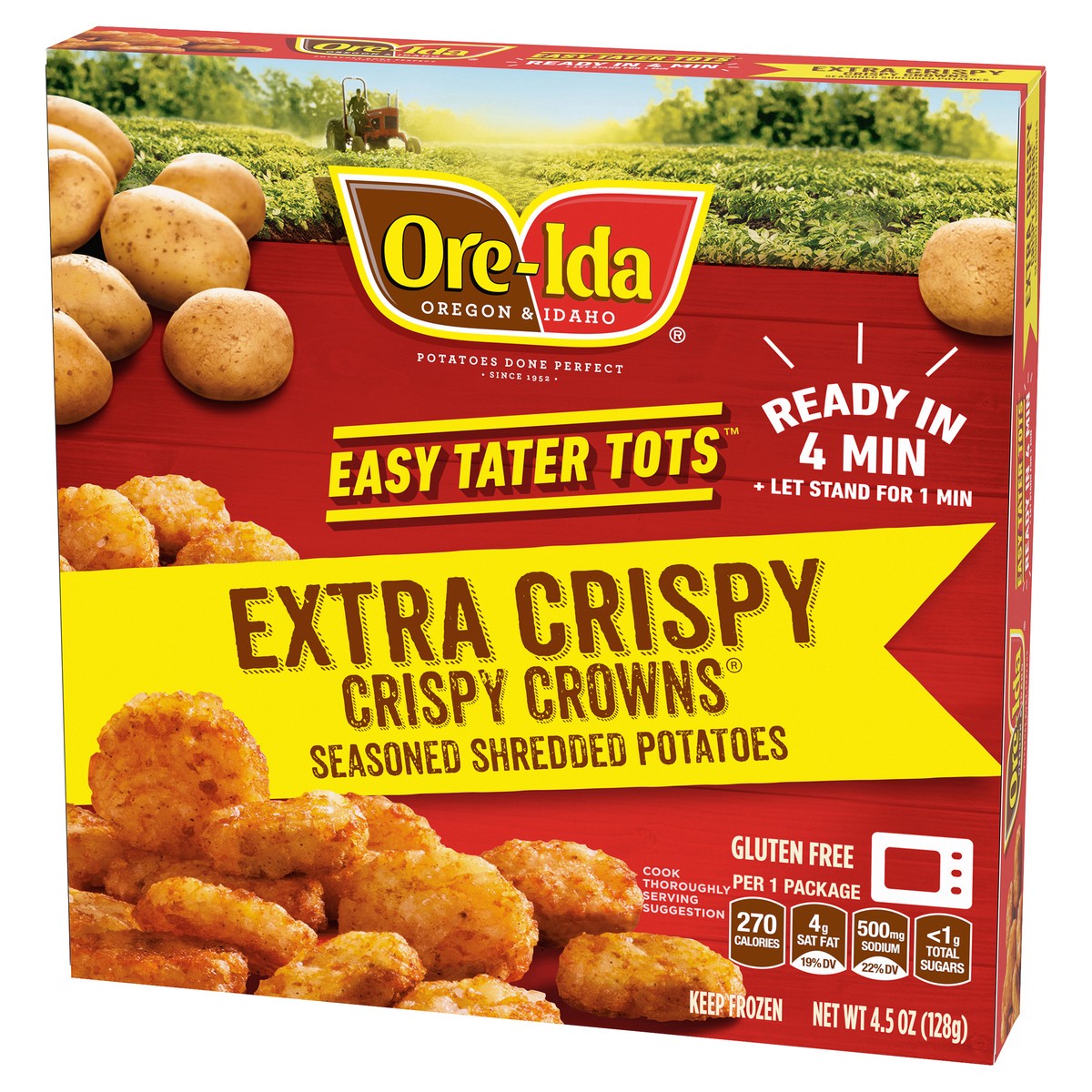 slide 3 of 12, Ore-Ida Ready in 5 Extra Crispy Crowns Seasoned Shredded Microwavable Frozen Potatoes, 4.5 oz Box, 4.5 oz