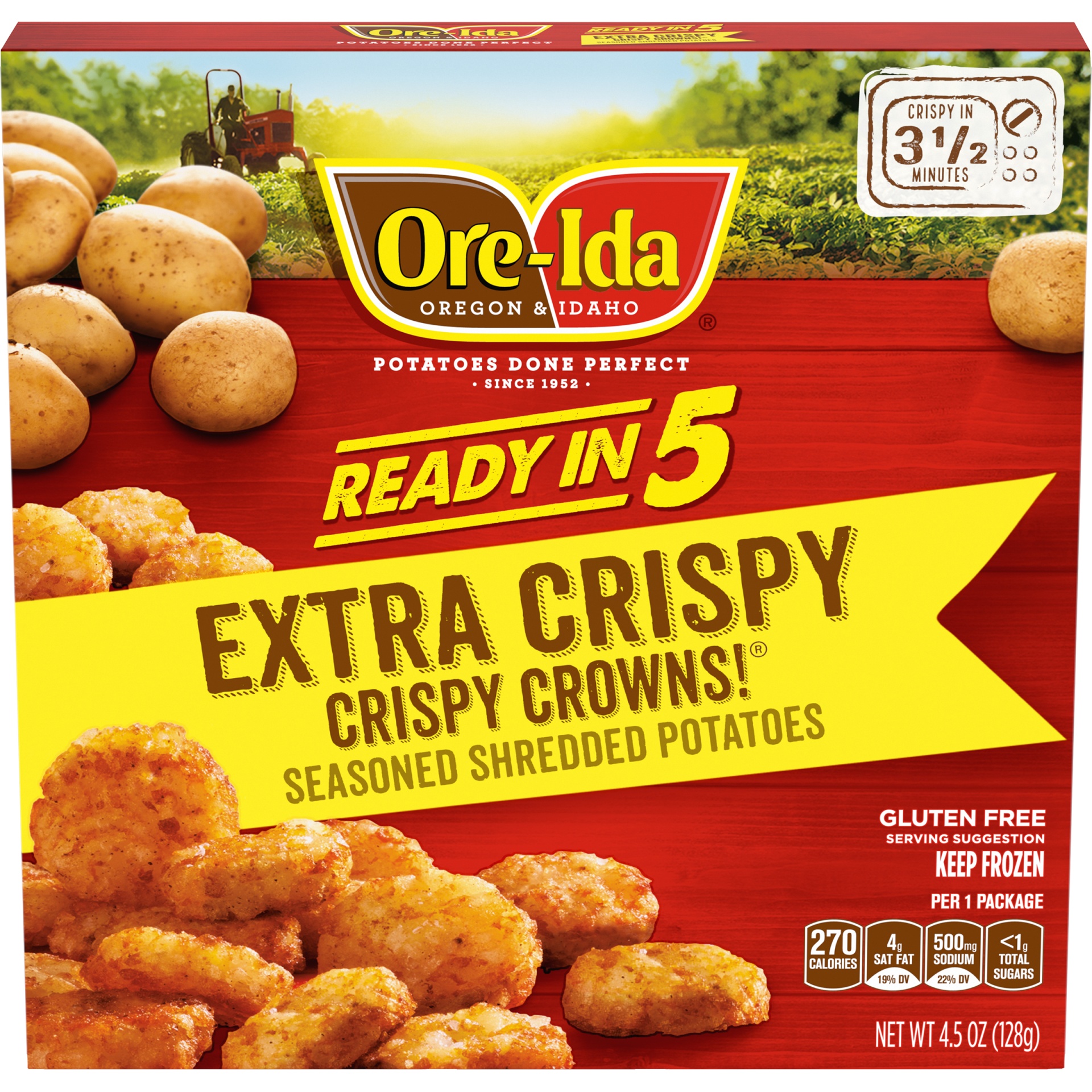 slide 1 of 6, Ore-Ida Ready in 5 Extra Crispy Crowns Seasoned Shredded Microwavable Frozen Potatoes, 4.5 oz
