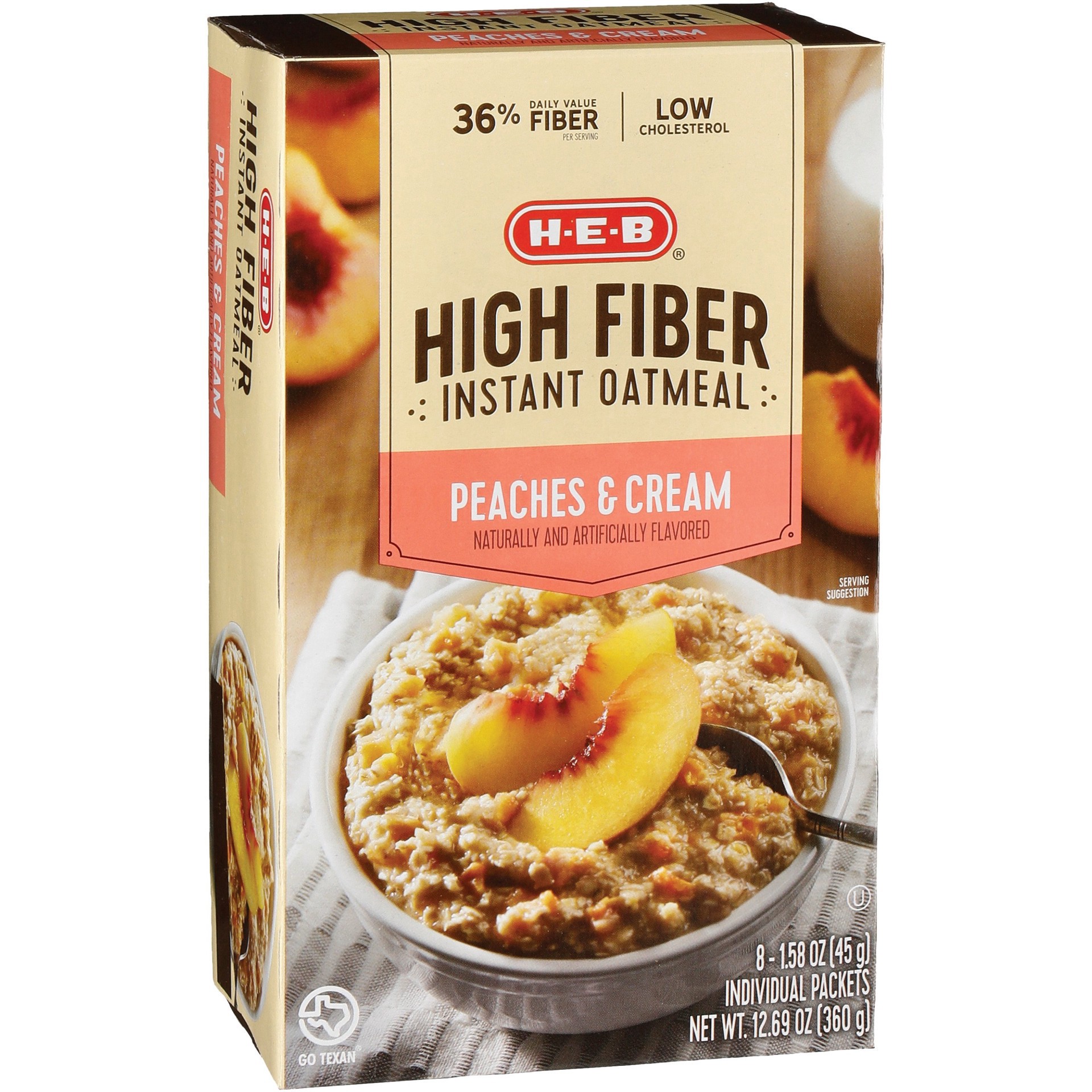slide 1 of 1, H-E-B High Fiber Peaches & Cream Instant Oatmeal, 8 ct