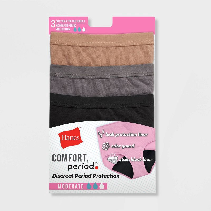 slide 4 of 5, Hanes Women's Fresh And Dry Moderate Period Underwear Brief 3 Pack - Assorted, 1 ct