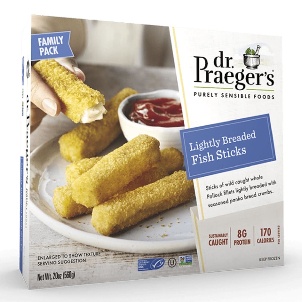 slide 1 of 1, Dr. Praeger's Crunchy Breaded Fish Sticks, 20 oz