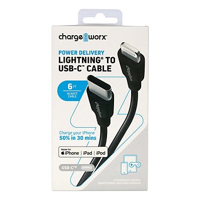 slide 1 of 1, Chargeworx Black Fast Charge Lightning USB-C Cable, 6 ft