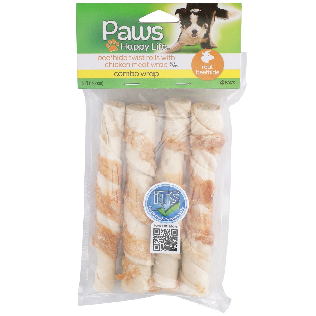 slide 1 of 8, Paws Happy Life Combo Wrap Beefhide Twist Rolls With Chicken Meat Wrap For Dogs, 4 ct