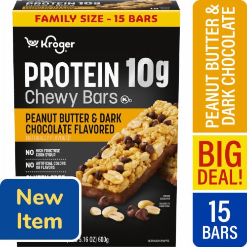slide 1 of 1, Kroger® Chewy Peanut Butter and Dark Chocolate Flavored Protein Bars Family Size, 15 ct; 1.41 oz