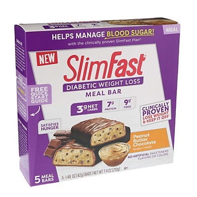 slide 1 of 1, SlimFast Diabetic Peanut Butter Chocolate Weight Loss Meal Bar , 5 ct; 1.48 oz