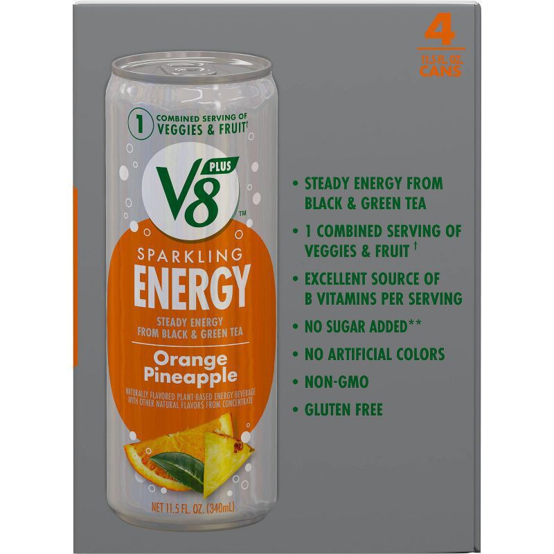 slide 5 of 7, V8 +Energy Sparkling Orange Pineapple Juice Energy Drink, 11.5 fl oz Can (4 Pack), 46 oz