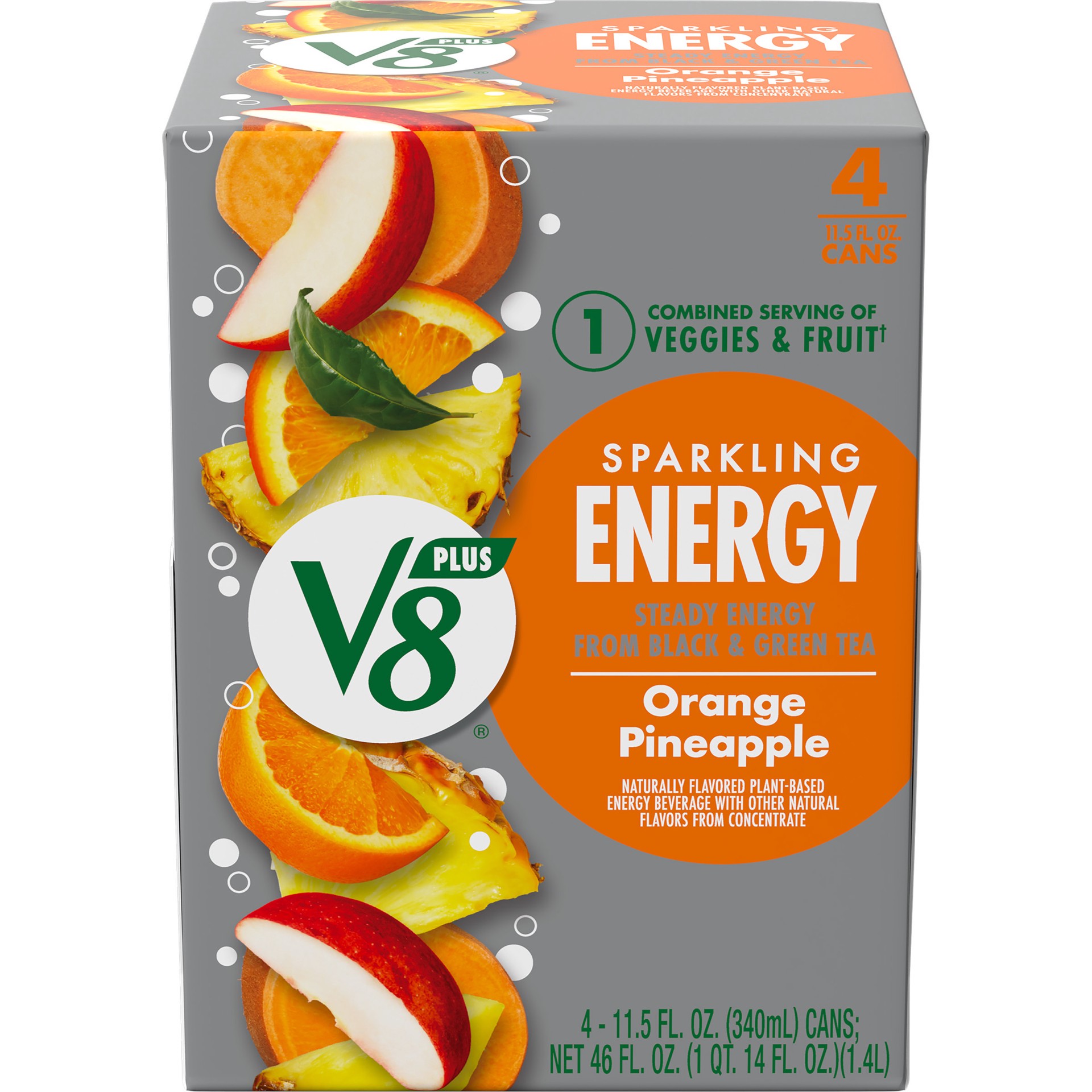 slide 1 of 7, V8 +Energy Sparkling Orange Pineapple Juice Energy Drink, 11.5 fl oz Can (4 Pack), 46 oz