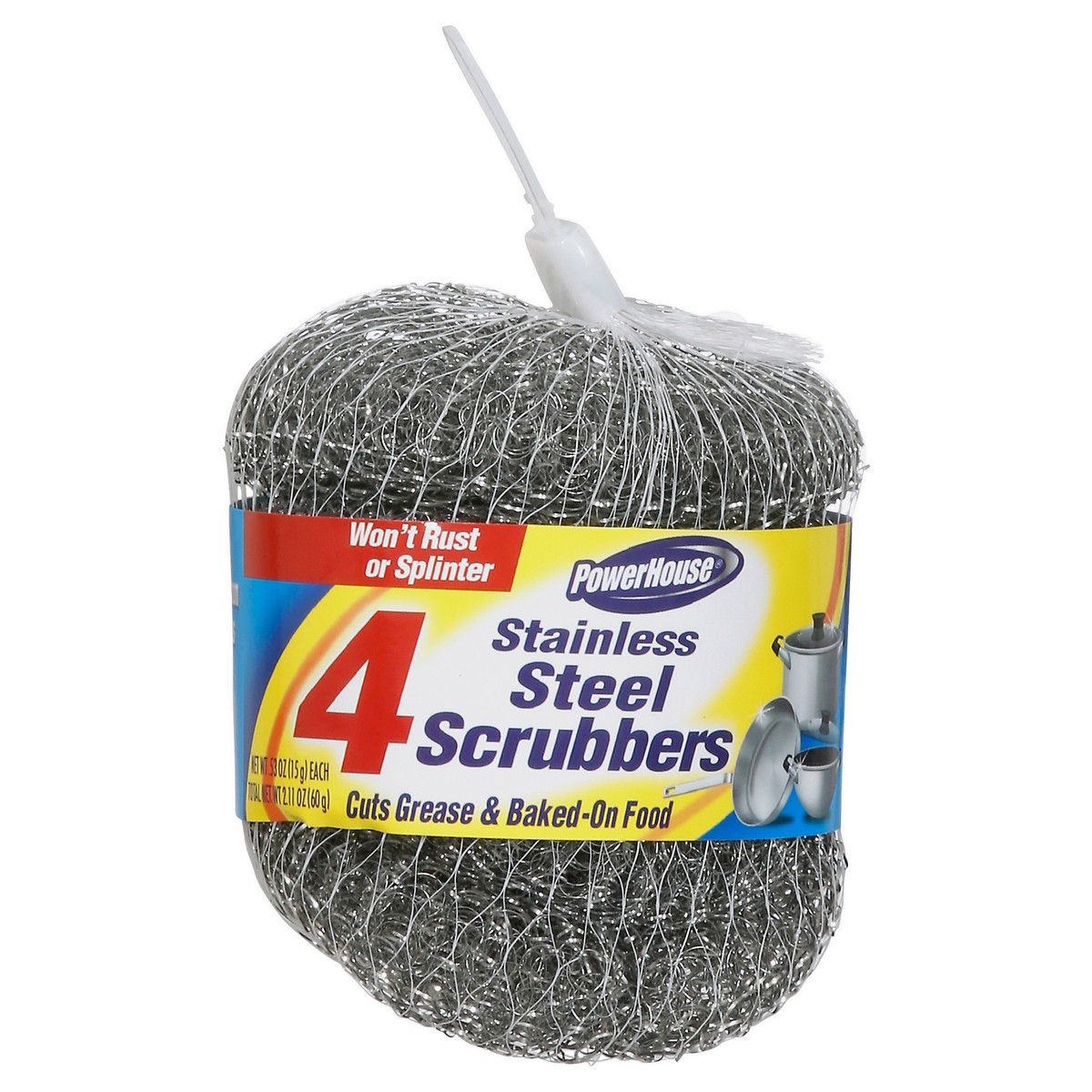 slide 1 of 11, PowerHouse Stainless Steel Srubbers 4 - 0.53 oz Scrubbers, 1 ct