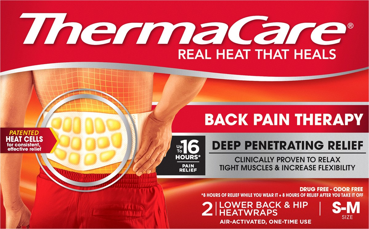 slide 2 of 11, Thermacare Lower Back & Hip Pain Relief Small & Mediumium Patch, 2 ct
