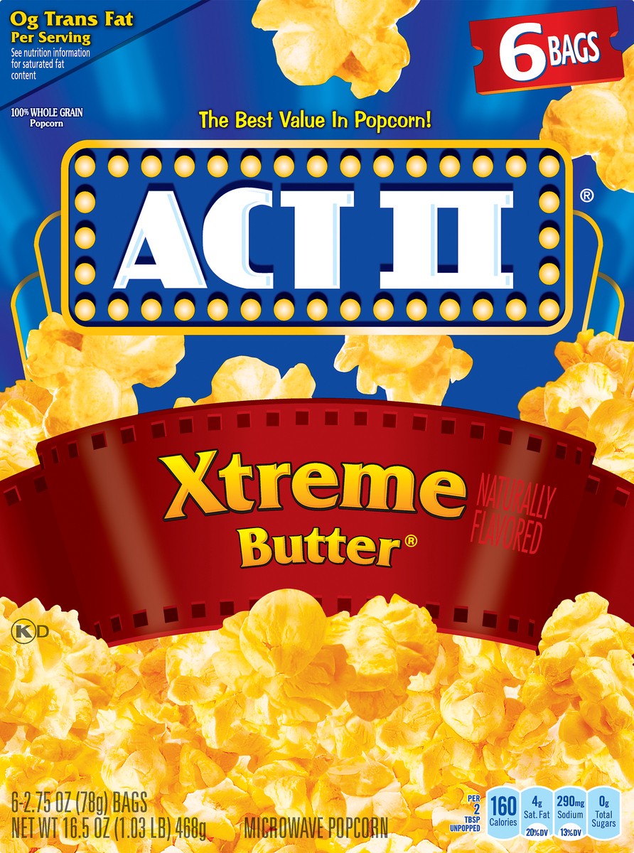 slide 6 of 9, ACT II Xtreme Butter Microwave Popcorn, 6-Count 2.75-oz. Bags, 6 ct