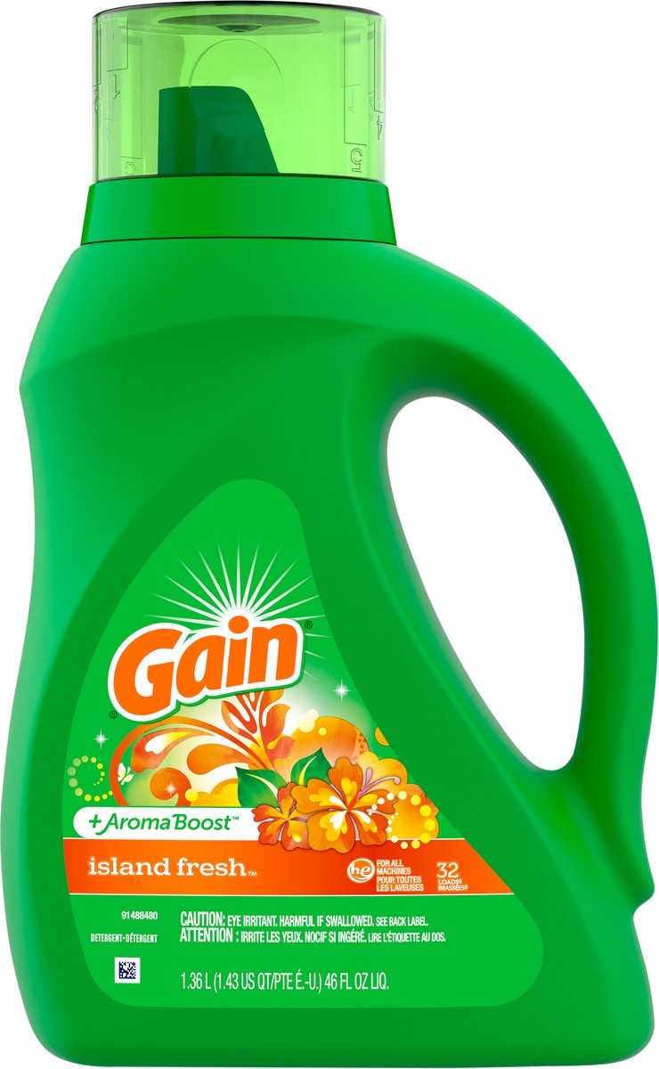 slide 4 of 4, Gain Liquid Laundry Detergent, Island Fresh Scent, 46 fl oz, 32 loads, Freshness + Odor Fighting, Laundry Detergent Liquid Soap, HE compatible, 1.43 qt