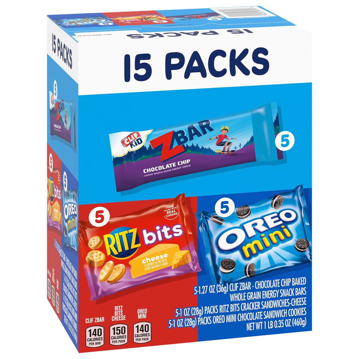 slide 12 of 14, Mondelez International Zbar Chocolate Chip Snack Bars, RITZ Bits Crackers & OREO Mini Cookies, On the Go Snacks Variety Pack, 15 Snack Packs, 16.35 oz