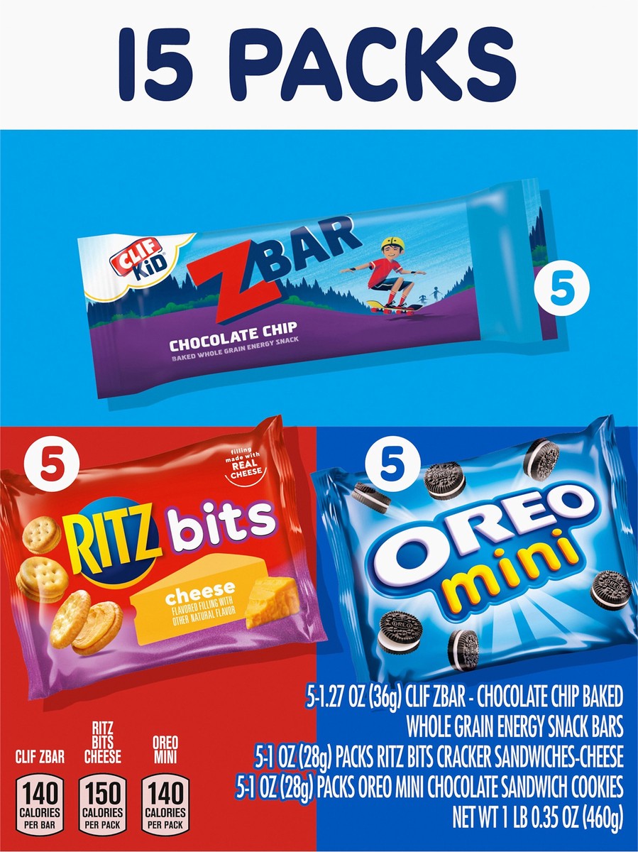 slide 10 of 14, Mondelez International Zbar Chocolate Chip Snack Bars, RITZ Bits Crackers & OREO Mini Cookies, On the Go Snacks Variety Pack, 15 Snack Packs, 16.35 oz