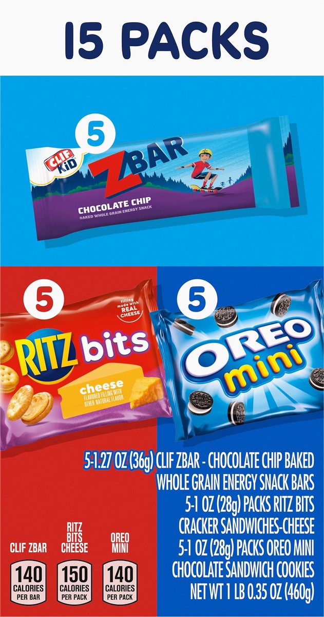 slide 8 of 14, Mondelez International Zbar Chocolate Chip Snack Bars, RITZ Bits Crackers & OREO Mini Cookies, On the Go Snacks Variety Pack, 15 Snack Packs, 16.35 oz