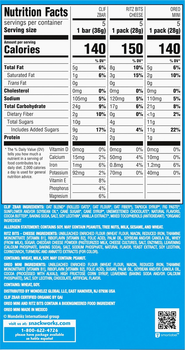 slide 14 of 14, Mondelez International Zbar Chocolate Chip Snack Bars, RITZ Bits Crackers & OREO Mini Cookies, On the Go Snacks Variety Pack, 15 Snack Packs, 16.35 oz