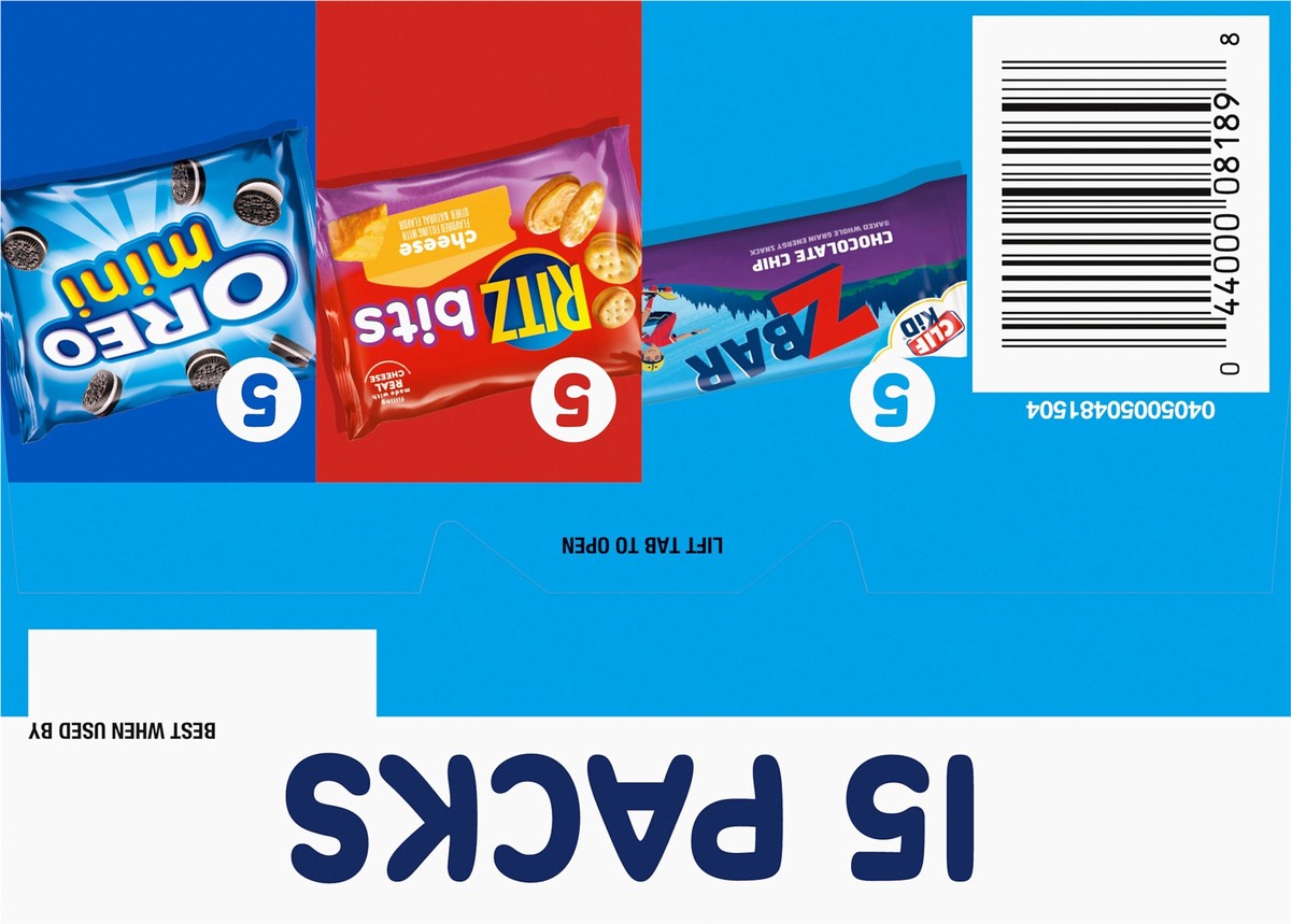 slide 13 of 14, Mondelez International Zbar Chocolate Chip Snack Bars, RITZ Bits Crackers & OREO Mini Cookies, On the Go Snacks Variety Pack, 15 Snack Packs, 16.35 oz