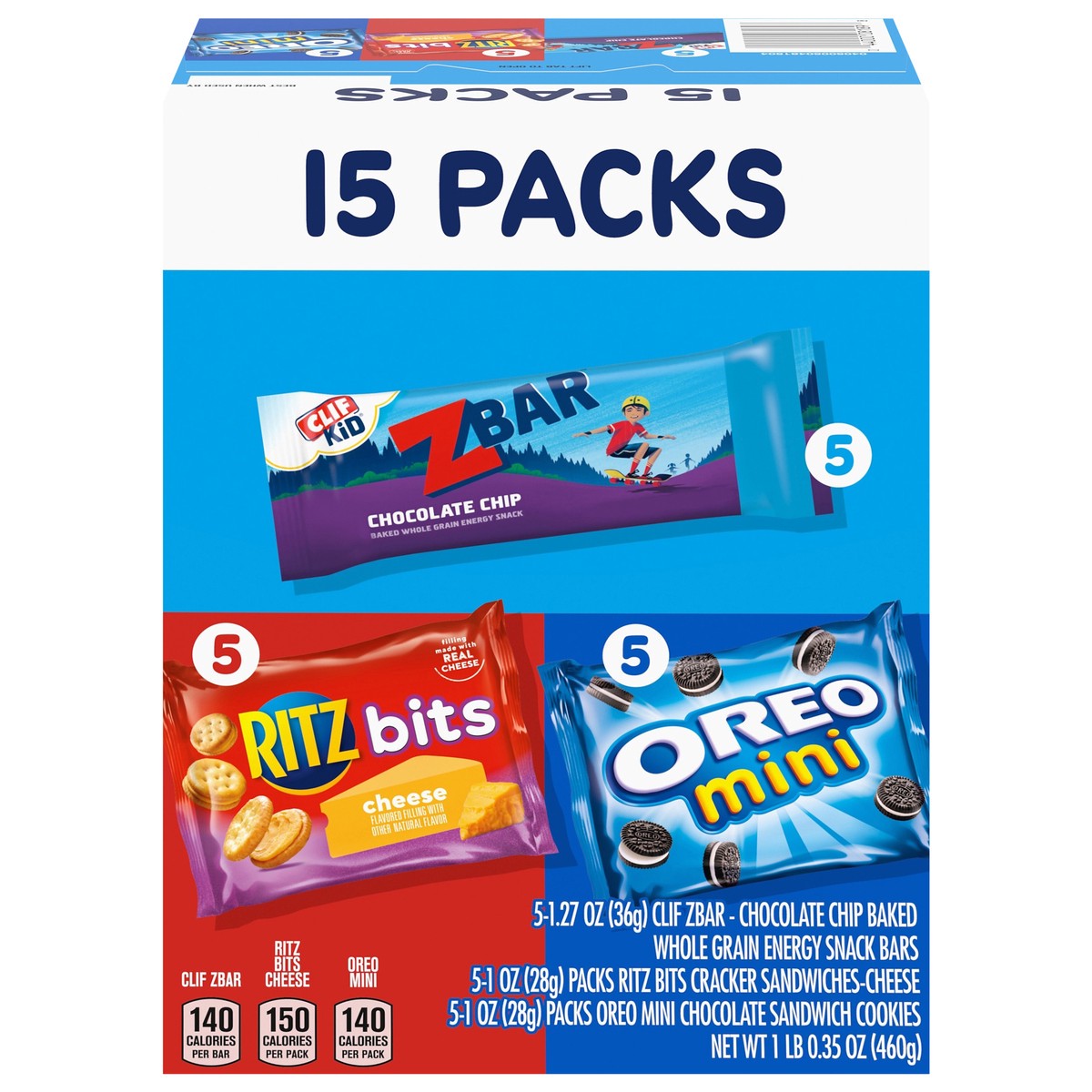 slide 9 of 14, Mondelez International Zbar Chocolate Chip Snack Bars, RITZ Bits Crackers & OREO Mini Cookies, On the Go Snacks Variety Pack, 15 Snack Packs, 16.35 oz