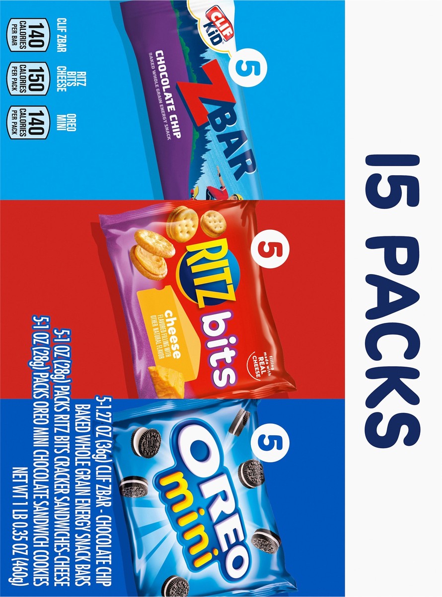 slide 2 of 14, Mondelez International Zbar Chocolate Chip Snack Bars, RITZ Bits Crackers & OREO Mini Cookies, On the Go Snacks Variety Pack, 15 Snack Packs, 16.35 oz